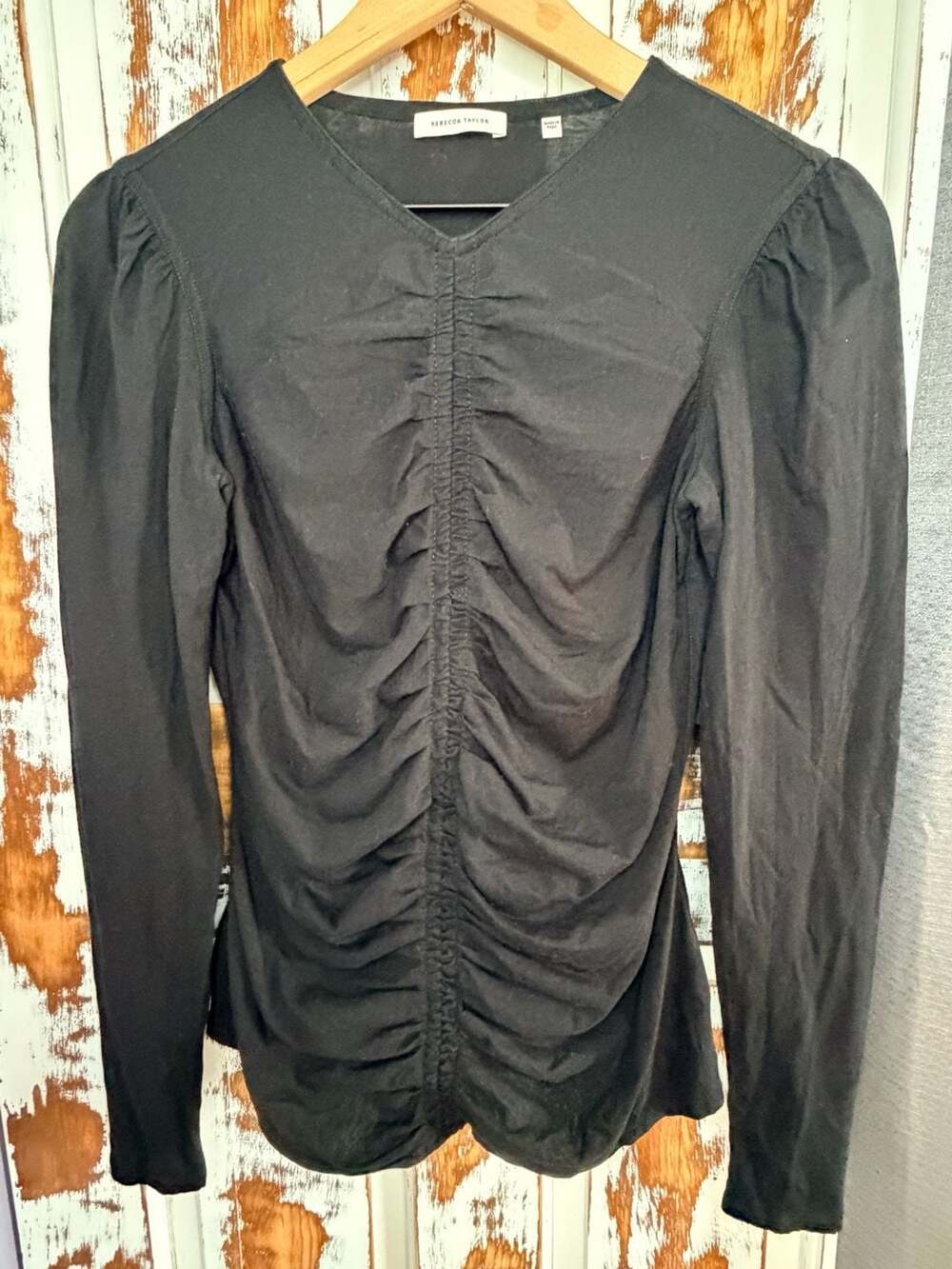 Rebecca Taylor Long Sleeve Ruched Top Black Size S Pima Cotton Alpaca Blend